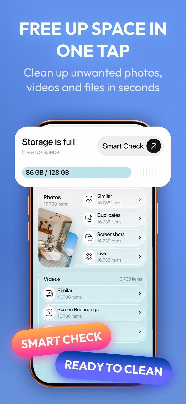 The GigaClean home screen: a storage card reading 86 GB of 128 GB with a Smart Check button, over lists of photo and video categories.