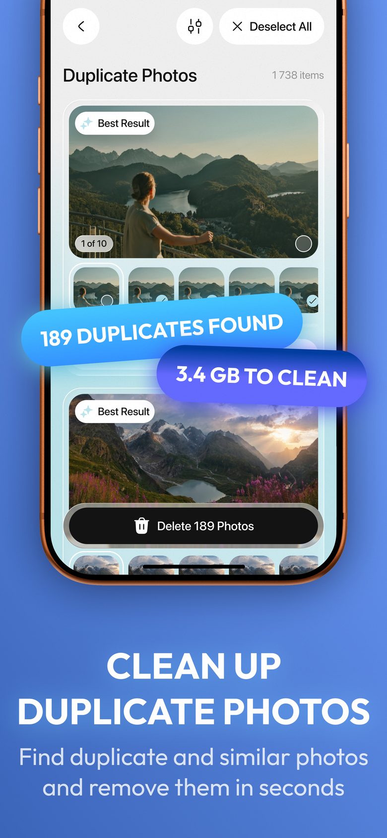 The Duplicate Photos screen with copies grouped together, the best result flagged and a Delete 189 Photos button.