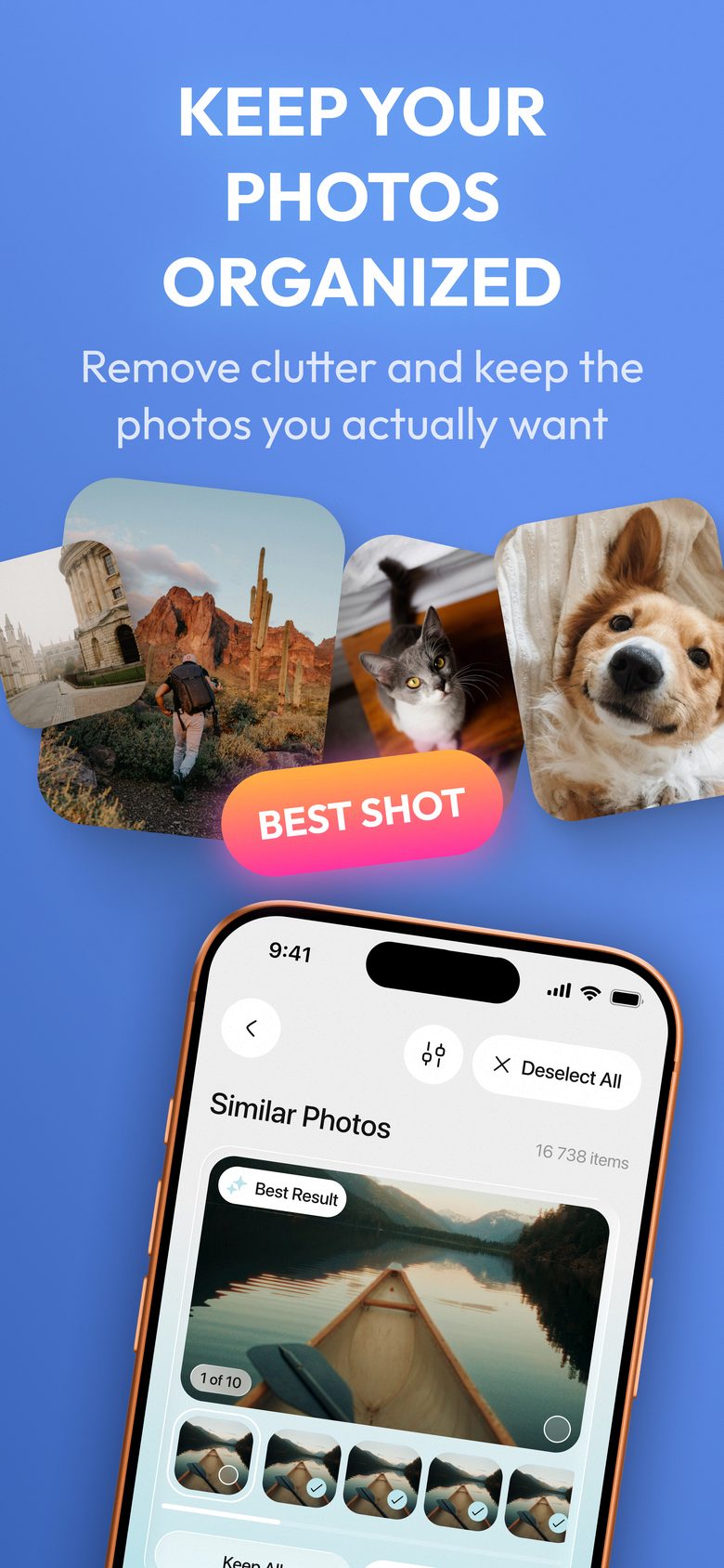 The Similar Photos screen showing a group of near-identical shots with the sharpest one marked as the best result.